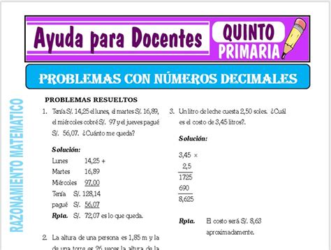 Problemas De Suma Y Resta Con Decimales Para Quinto De Primaria Hot