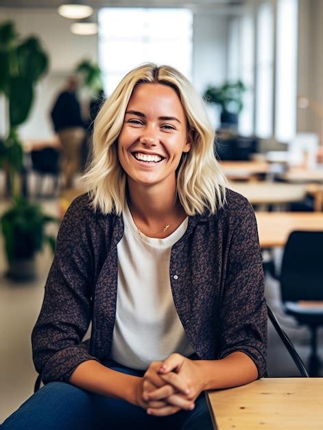 Premium Photo A Smiling Blonde Woman Sits In A Classroom With A Green Plant In The Background