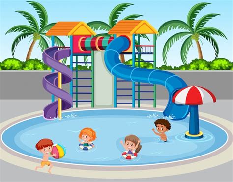 Les Enfants Au Parc Aquatique Vecteur Premium