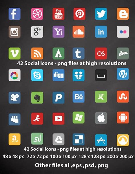 42 Square Social Icons, 48 X 48 Px Png, 200 X 200 Px , Png ,psd - Etsy UK | Social icons ...