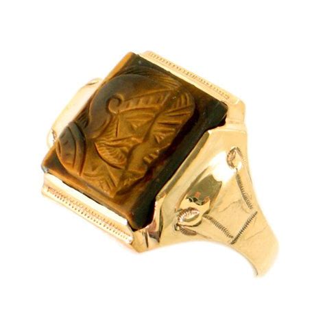 Mens 10k And Tigers Eye Cameo Ring With 2 Roman Warrior Profiles