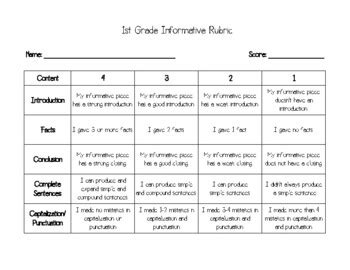 Informative Writing Rubric For First Grade By With A Love Of Learning