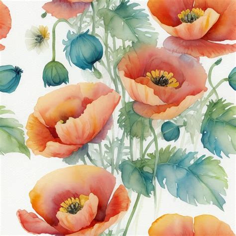 Premium Ai Image Poppies Flowers Watercolor Seamless Patterns