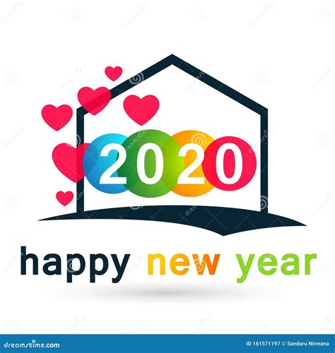 Happy New Year 2020 Card And Heart Home Love Concept Colorful Greeting