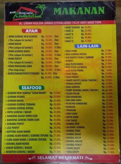 Menu At Warung Lesehan Rumadi Restaurant Surabaya Jl Raya Lidah