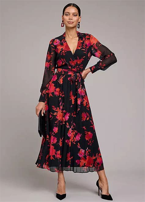 Kaleidoscope Red Floral Print Pleated Midi Dress Freemans