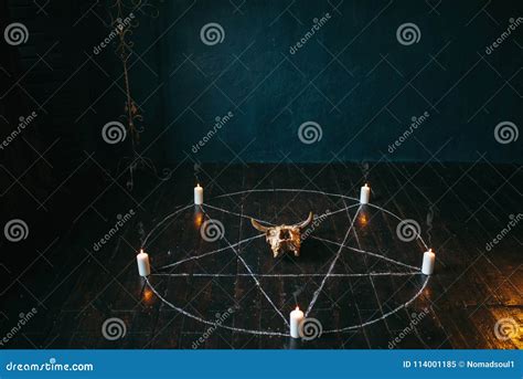 Pentagram Circle with Candles on Wooden Floor Stock Image - Image of ...