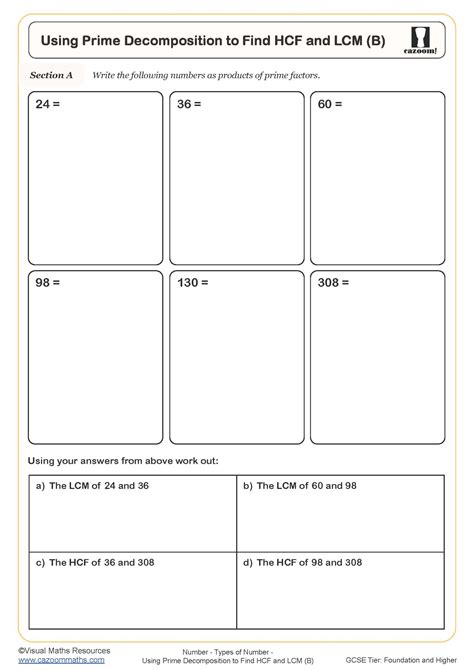 Using Prime Decomposition To Find Hcf And Lcm B Worksheet Fun And Engaging Pdf Worksheets