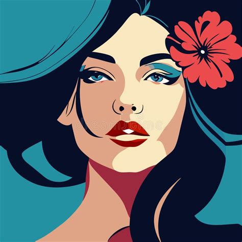 Portrait Of Beautiful Woman With Flower In Her Hair Vector