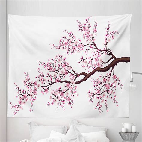 Japanese Tapestry Branch Of A Flourishing Sakura Tree Flowers Cherry Blossoms Spring Theme Art