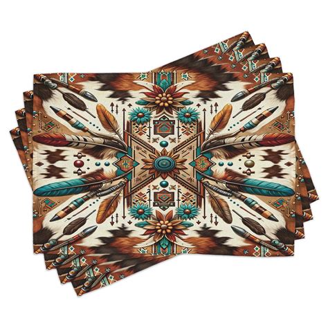 Ambesonne Rustic Place Mats Set Of 4 Aztec Inspired Feathers Art