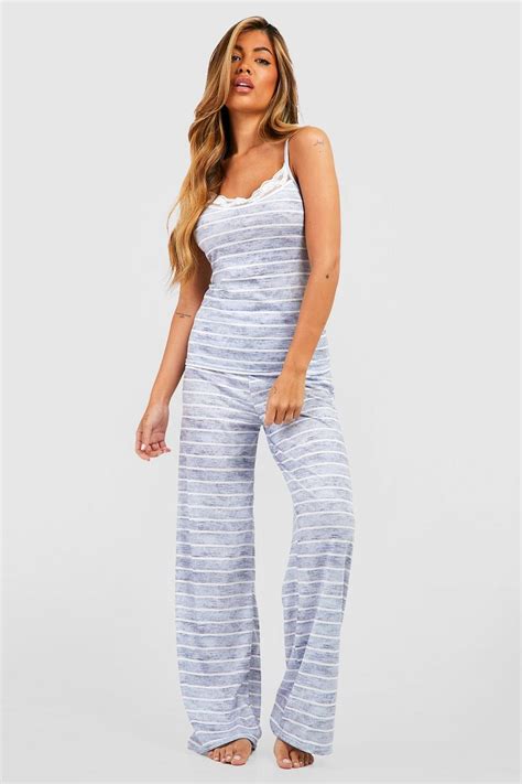 Stripe Lace Trim Jersey Cami And Trouser Pyjama Set Boohoo Uk