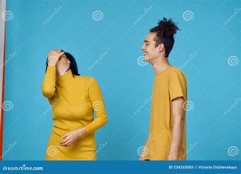 Kinky Guy And Girl Together Friendship Fun Blue Background Stock Image Image Of Relationship