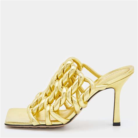 Bottega Veneta Gold Laminated Leather Stretch Twist Kitten Heel Mules