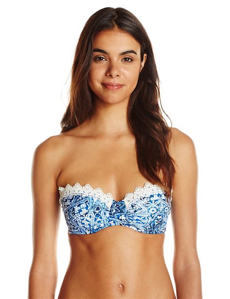 Jessica Simpson Womens Indigo Crochet Trim U Wire Bandeau Bikini Top