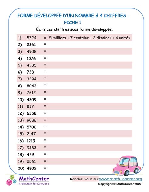 CM1 Fiches de travail Valeur de position à plusieurs chiffres Math