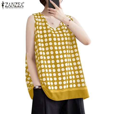 Zanzea Women Korean Casual V Neck Sleeveless Polka Dot A Line Tanks