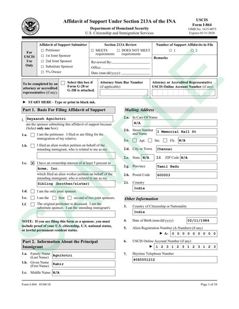 Affidavit Of Support Forms I 864a