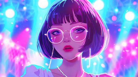 stylish anime girl  pink glasses  bob hairstyle posing  neon