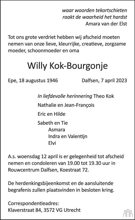 Willy Kok Bourgonje Overlijdensbericht En Condoleances