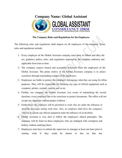 Company Rules And Regulations Sample For Employees