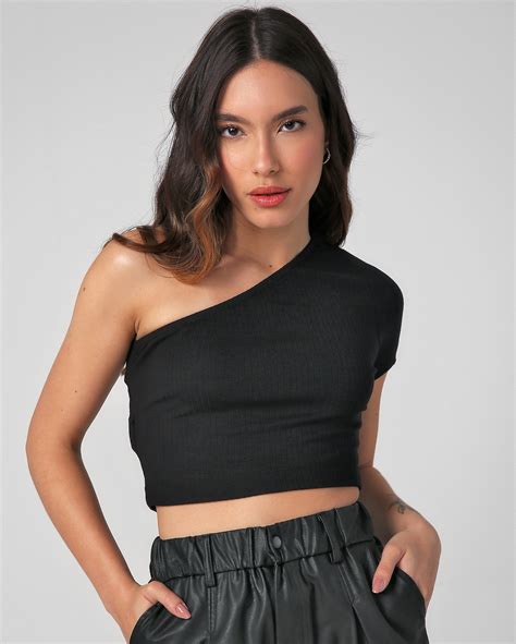 Riachuelo Blusa Cropped Um Ombro S Canelada Preta Pool By Riachuelo