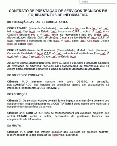 Modelo De Contrato De Presta O De Servi Os T Cnicos Em Equipamentos