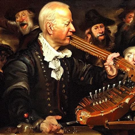 Oil Painting Of Joe Biden Playing The Hurdy Gurdy At A Stable