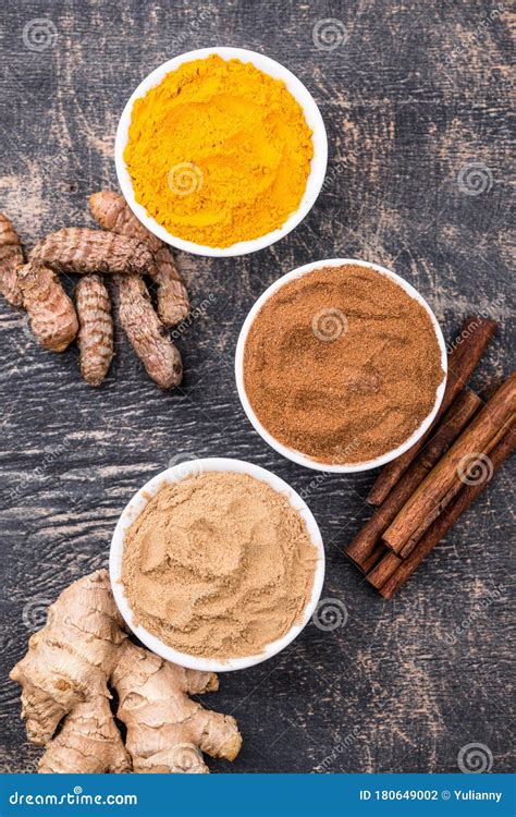 Powder Of Turmeric Cinnamon And Ginger Stock Photo Image Of Asian