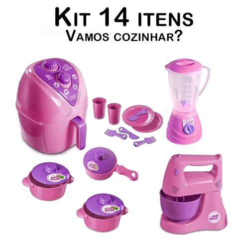 Kit Cozinha Infantil AirFryer Liquidificador Batedeira 14pç no Shoptime