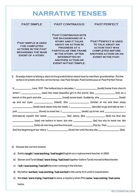 Narrative Tenses General Gramma English Esl Worksheets Pdf And Doc