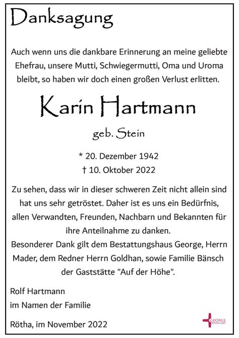 Traueranzeigen Von Karin Hartmann Trauer Anzeigen De