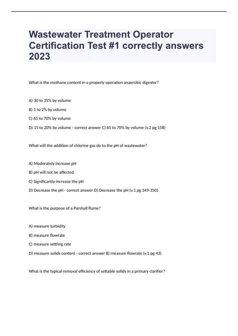 Wastewater Treatment Operator Certification Test 1 Correctly Answers