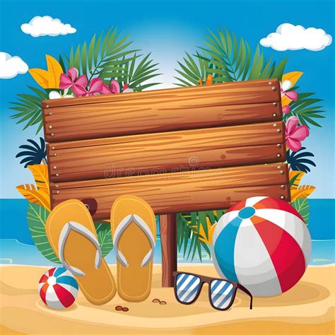 Tropical Beach Scene With Signboard Flip Flops Beach Ball Sunglasses Palm Trees Sea Stock