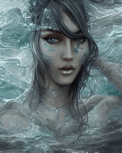 Water Elven Woman Seaweed Waves Hyper Realistic Digital Painting · Creative Fabrica