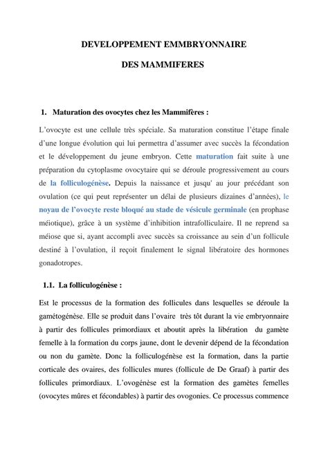 Solution Chapitre D Veloppement Embryonnaire Des Mammif Res