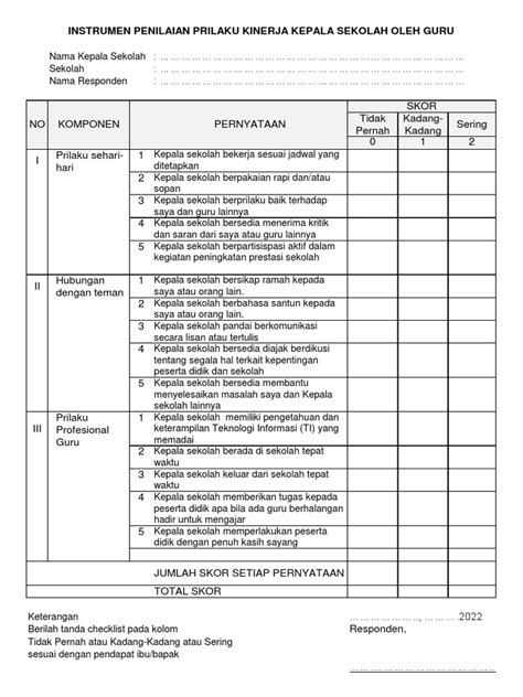 Instrumen Penilaian Prilaku Kinerja Kepala Sekolah Oleh Guru Pdf