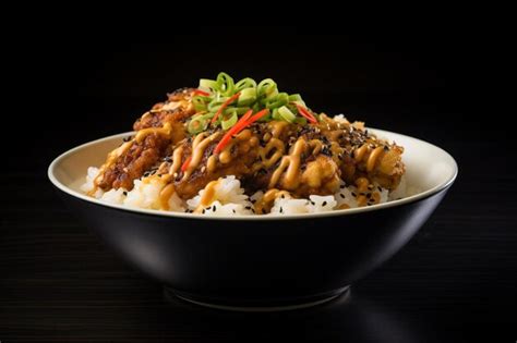 Premium Photo Soy Sesame Chicken Tempura Donburi