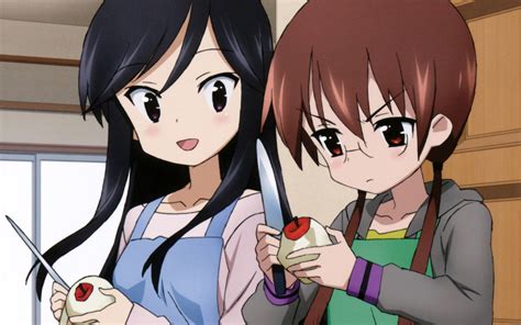 Two Anime Character Holding Knives Peeling Apple Hd Wallpaper