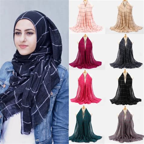 10pcs Plaid Tartan Cotton Voile Muslim Hijab Scarf Stripes Double Color Islamic Hijabs Shawl