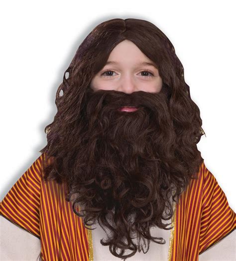 Child Biblical Jesus Wig Beard Set Brown Hair Costume Accessory Curly