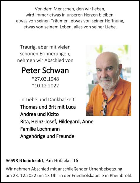 Traueranzeigen Von Peter Schwan Rz Trauer De