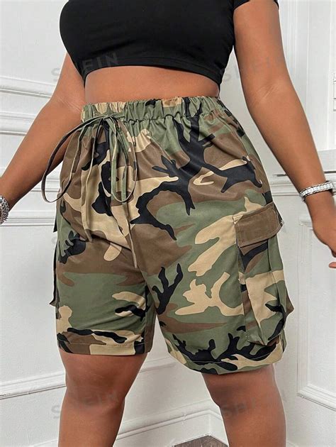 Shein Ezwear Women S Plus Size Casual Drawstring Camouflage Cargo