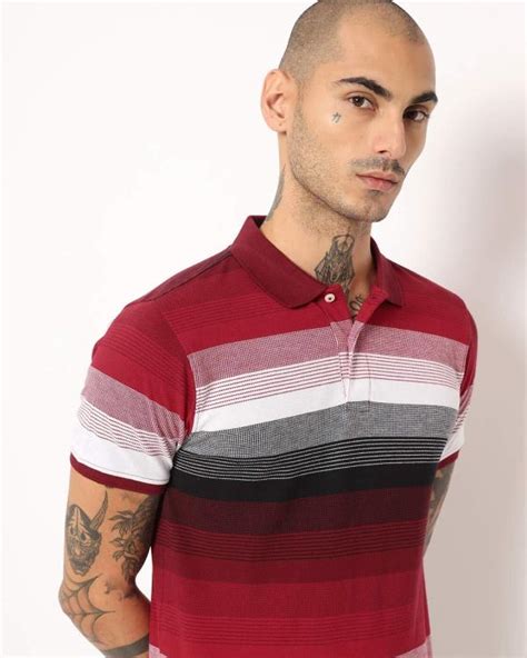 Striped Slim Fit Polo T Shirt With Cutaway Collar Jiomart