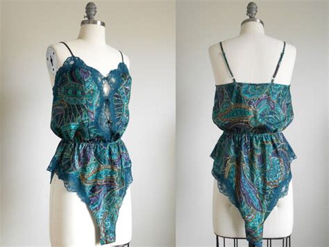 80s 90s Vintage Teddy Lingerie Teal Gold Paisley Teddy Etsy