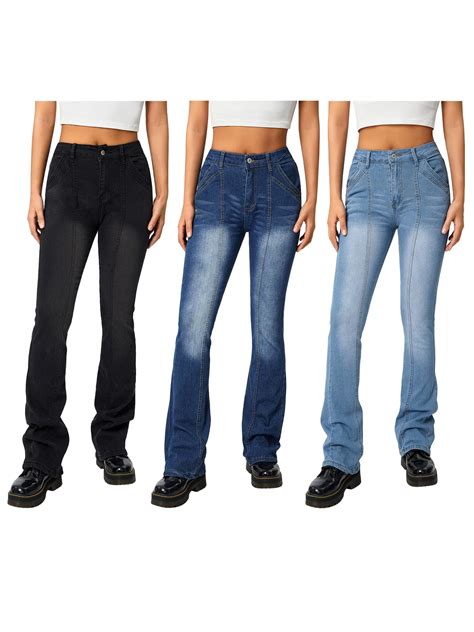 Women Y2k Low Rise Flared Denim Jeans Retro Stretchy Washed Bell Bottom Straight Wide Leg Baggy