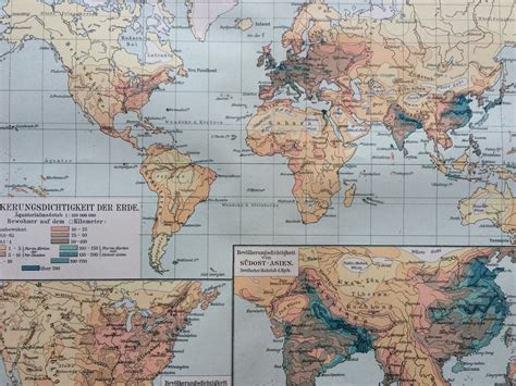 Population Density Original Antique World Map Available Framed