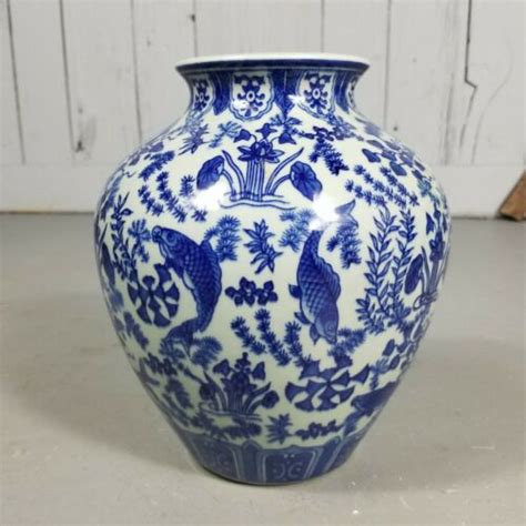 Qianlong Signed Chinese Blue White Porcelain Vase W Carp Koi Lotus 8