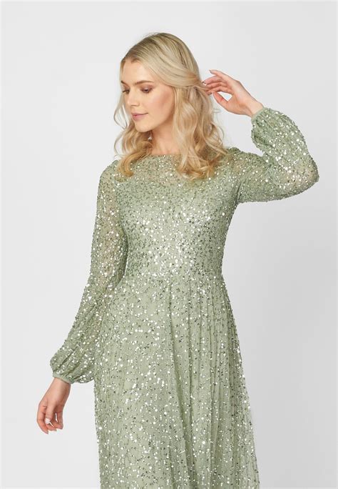 Maryisa Embellished Sequins Modest Maxi Robe De Cocktail Sage Green