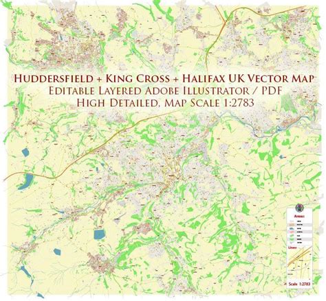 Huddersfield King Cross Halifax Uk Map Vector City Plan High